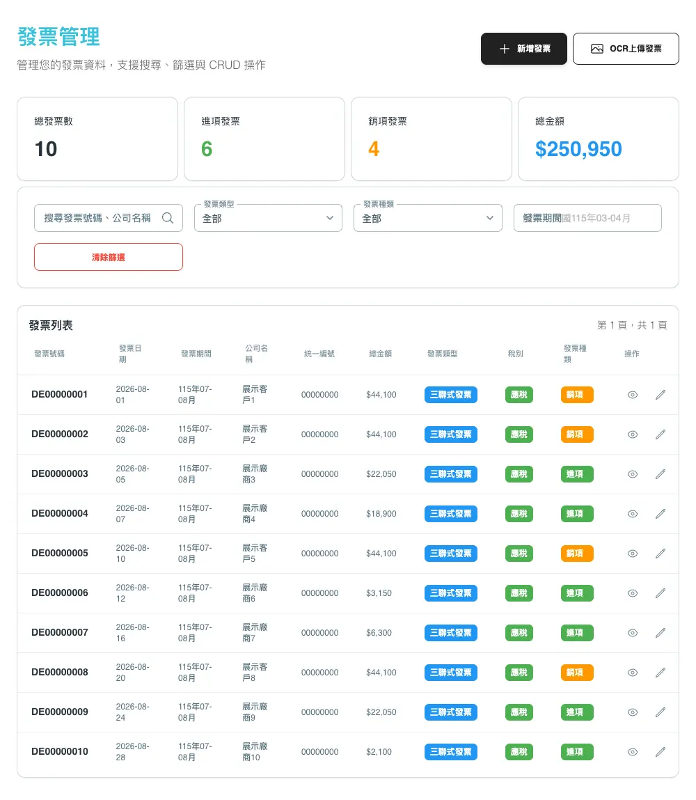 SmartTaxer 實際產品畫面:發票管理的進項、銷項統計與發票列表(展示資料)